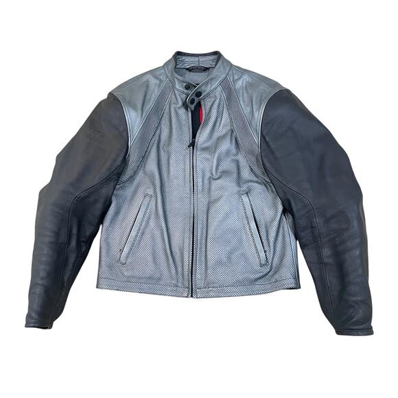 VTG Dainese Leather Motorcycle Jacket Mens 52 Black Gray Perforated Armored - Picture 1 of 13